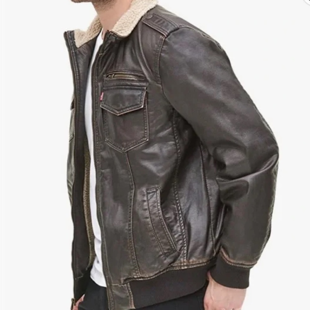 Levi's Distressed Brown Faux Leather Jacket XL Sherpa Lined Bomber Biker Aviator